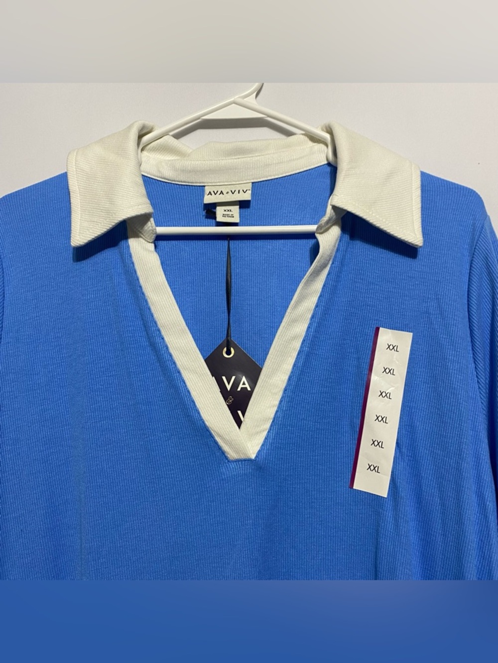 NWT Ava & Viv Blue White Ribbed Collar Women’s Top Size XXL Casual Work